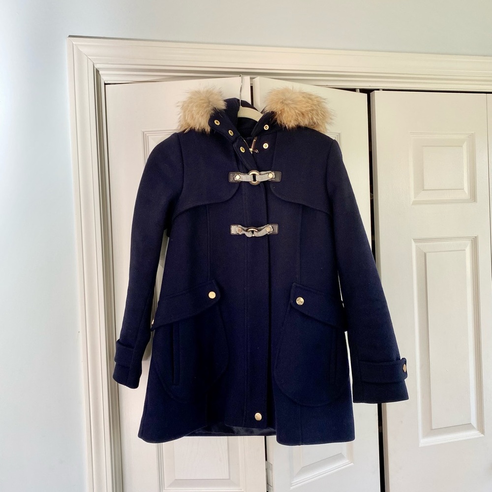 Trina Turk navy winter coat with fox fur lined hood, size 4